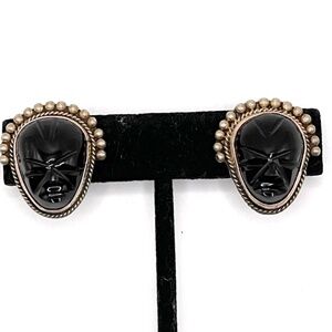 Mexico Silver Vintage Onyx Carved Mask Aztec Face Screw-on Earrings